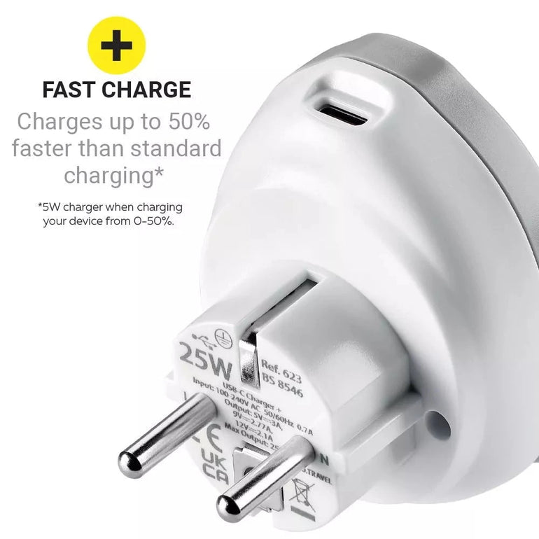 Go Travel Adapters White/Grey Go Travel World - EU USB-C Adaptor + (25W)